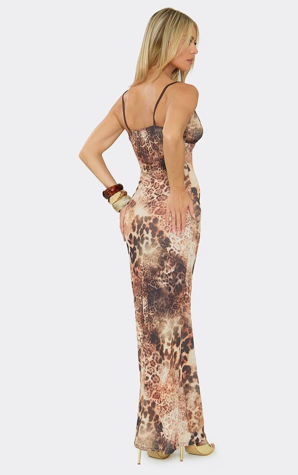 EGO Strappy Plunge Front Contrast Trim Maxi Dress In Brown Leopard Print., Women's Size UK 6