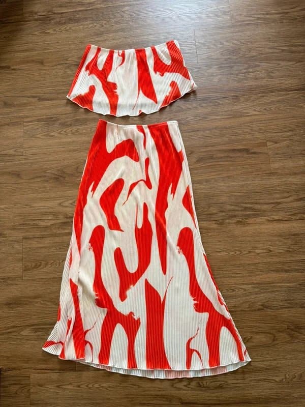 Shein Orange Abstract Bandeau & Midi Skirt Set Co-ord