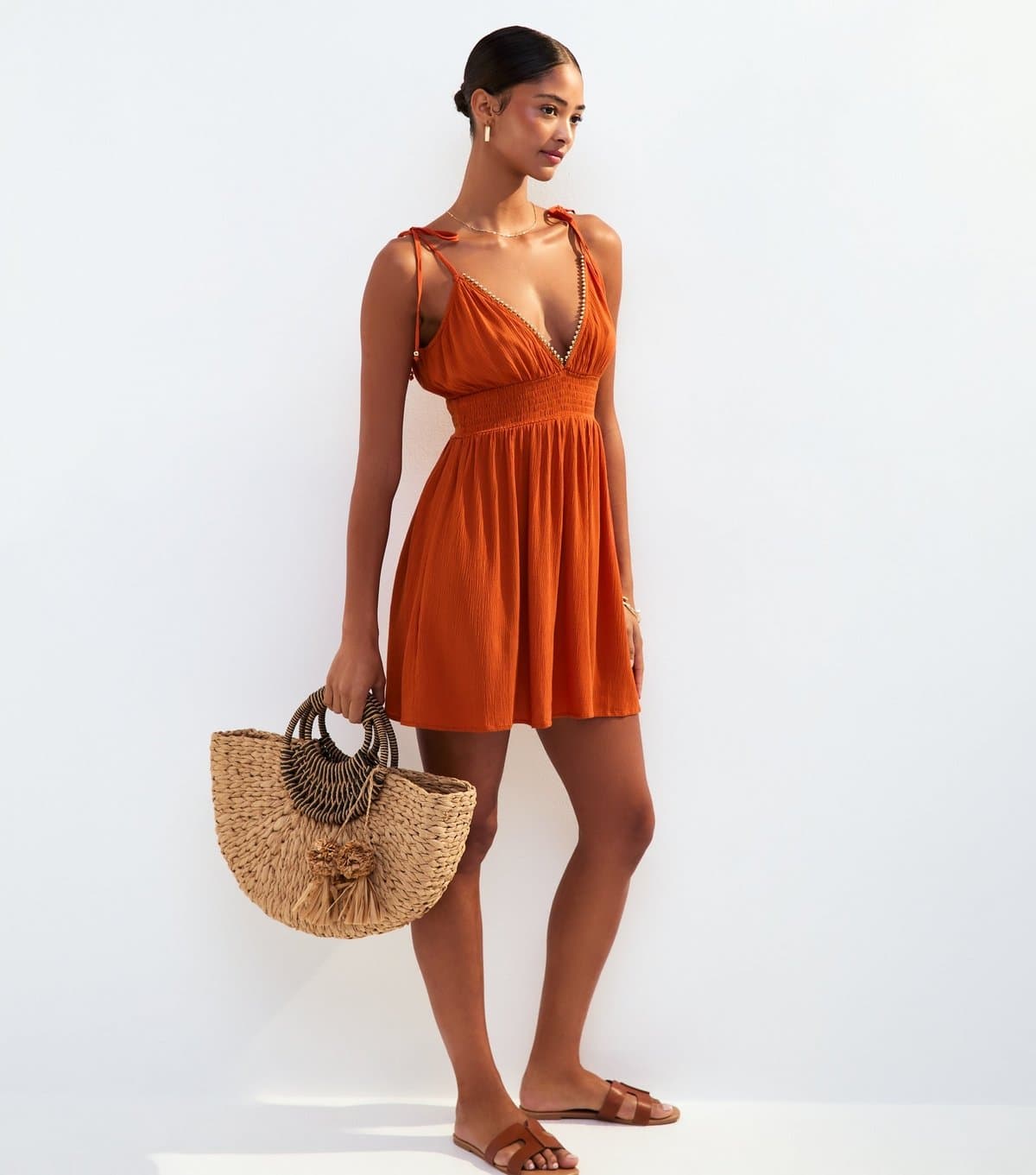 New Look Women's Orange Tie Strap Bead Trim Mini Cover Up Dress New Look