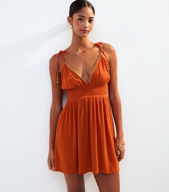 New Look Women's Orange Tie Strap Bead Trim Mini Cover Up Dress New Look - 3