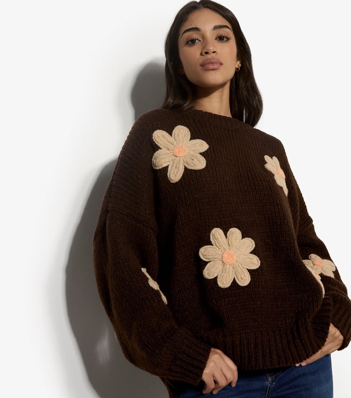 Apricot Women's Brown Embroidered Daisies Jumper Apricot New Look