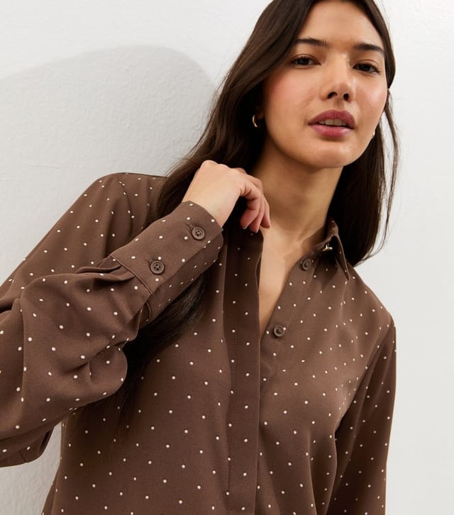 New Look Women's Brown Spot Print Long Sleeve Satin Shirt New Look - 2