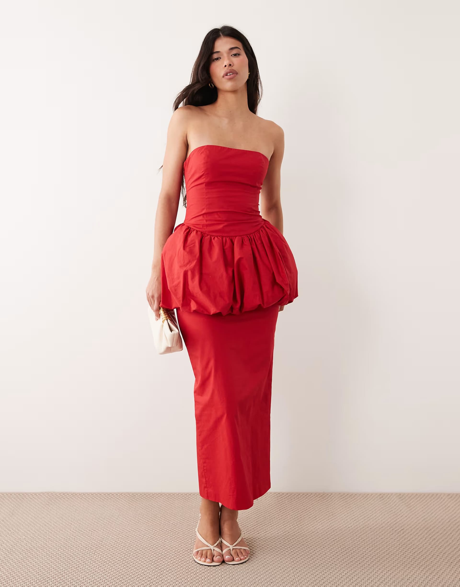ASOS Kaiia exclusive bandeau volume peplum puffball lace up back column maxi dress in red