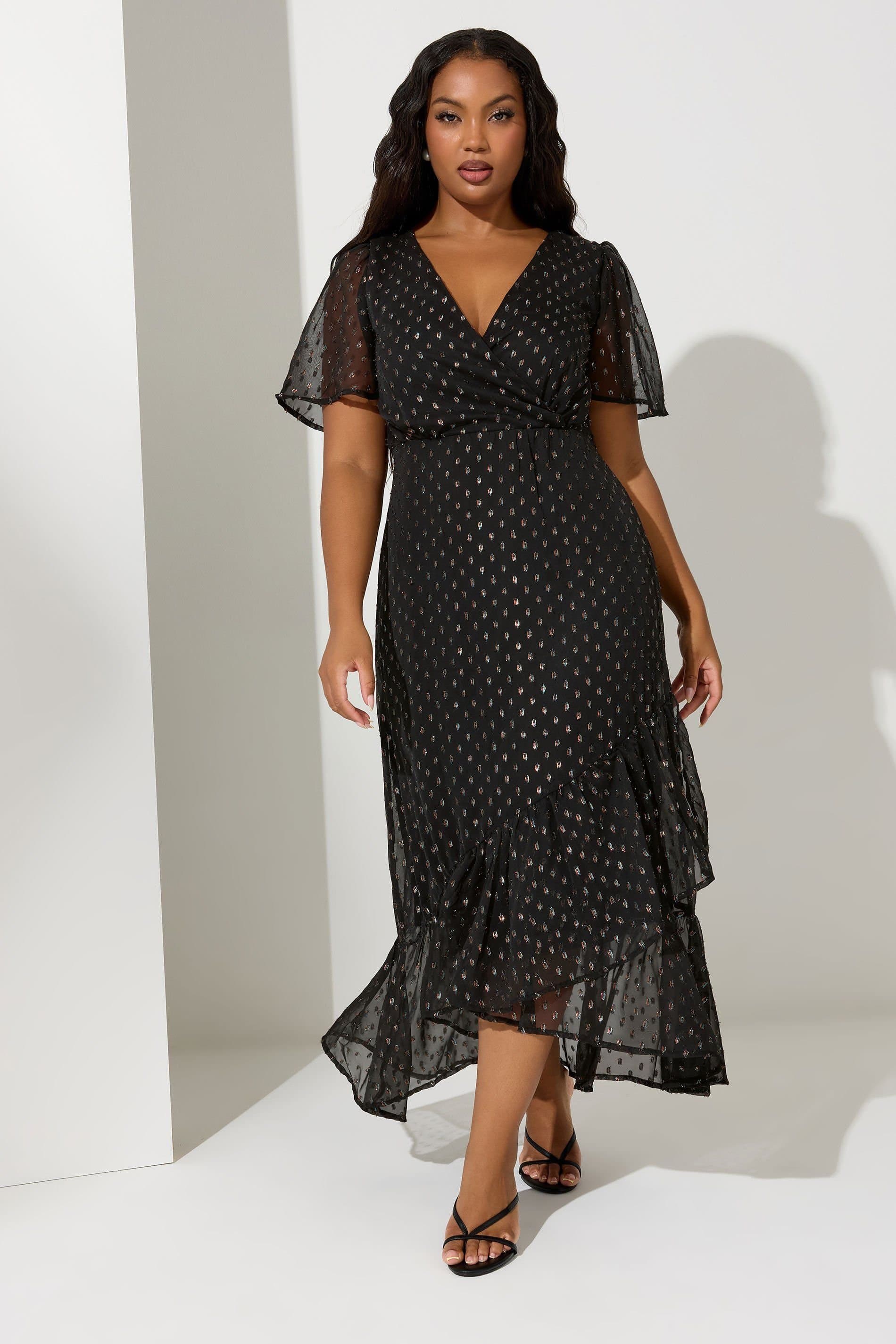 Yours Yours Women's Metallic Dobby Wrap Dress in Black