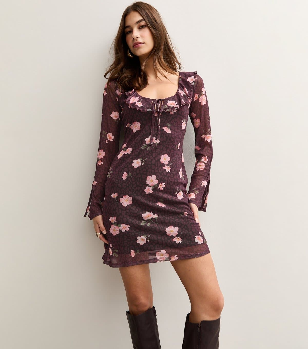New Look Women's Red Mesh Floral Print Scoop Neck Tie Front Mini Dress New Look