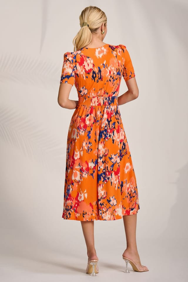 Jolie Moi Jolie Moi Women's Short Sleeve Printed Jersey Midi Dress in Orange - 2