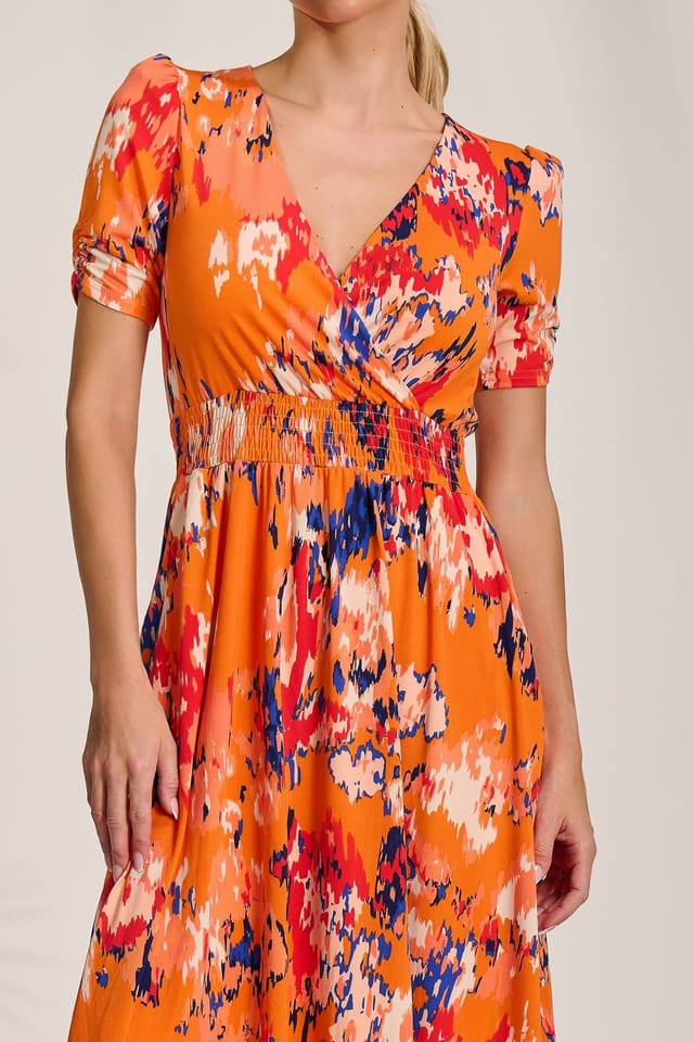 Jolie Moi Jolie Moi Women's Short Sleeve Printed Jersey Midi Dress in Orange - 3
