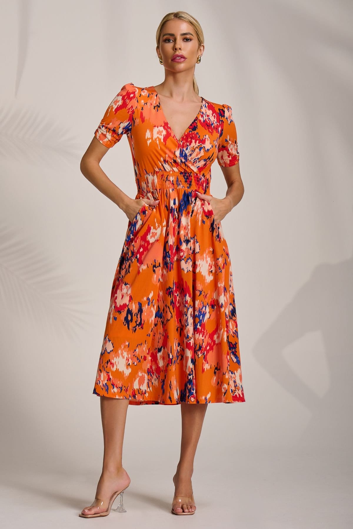Jolie Moi Jolie Moi Women's Short Sleeve Printed Jersey Midi Dress in Orange - 4
