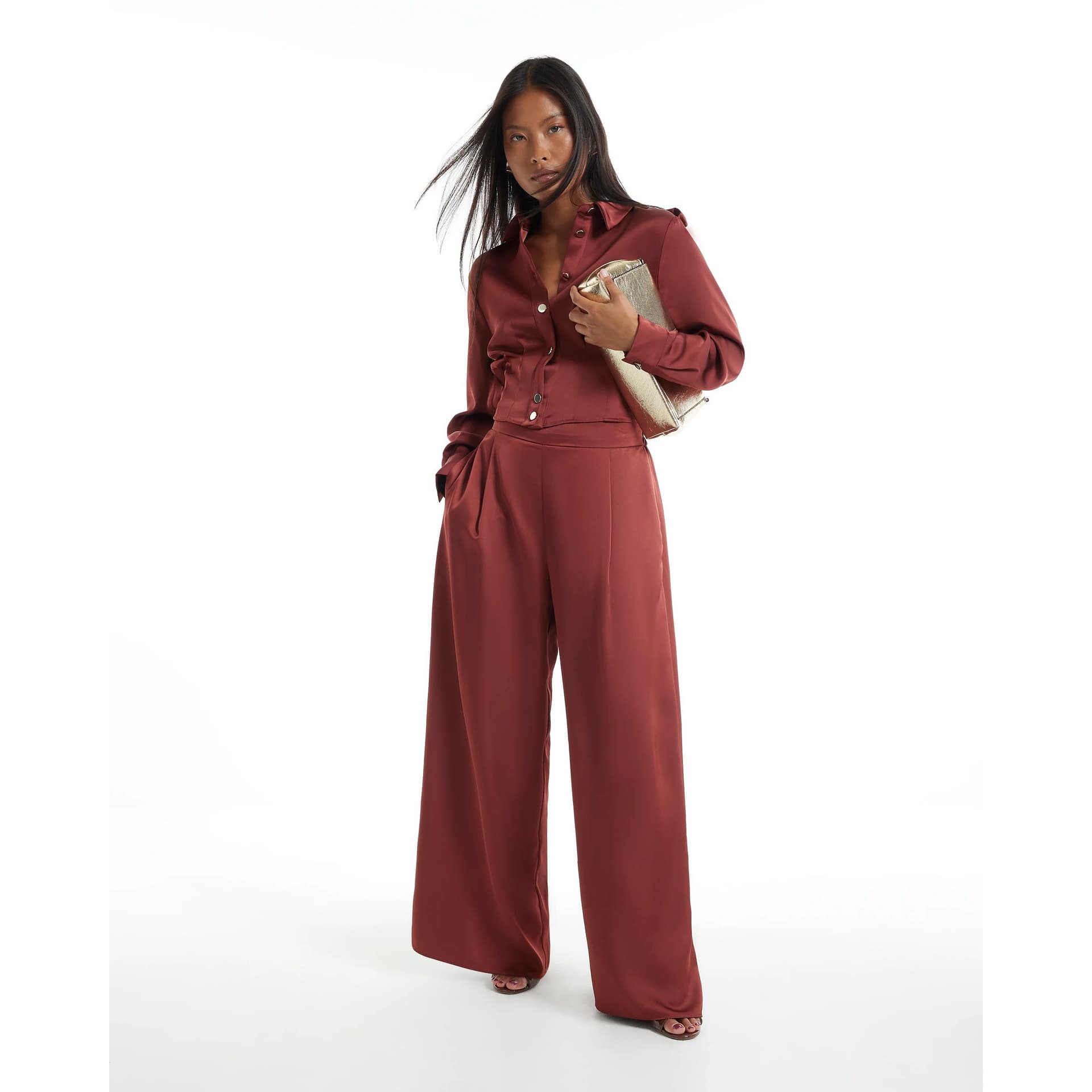 River Island River Island Womens Petite Brown Satin Wide Leg Trousers