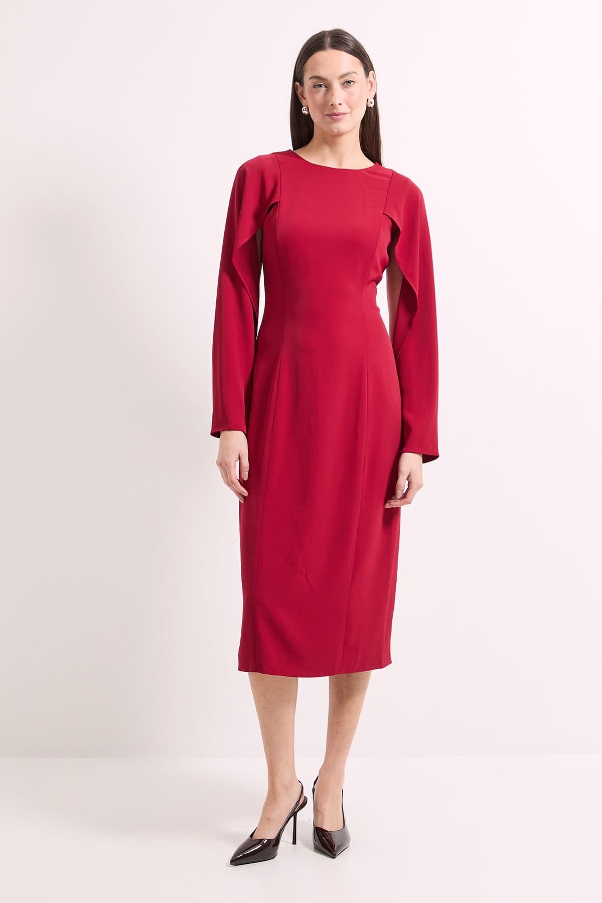Principles Principles Women's Tailored Crepe Ruffle Sleeve Midi Dress in Berry