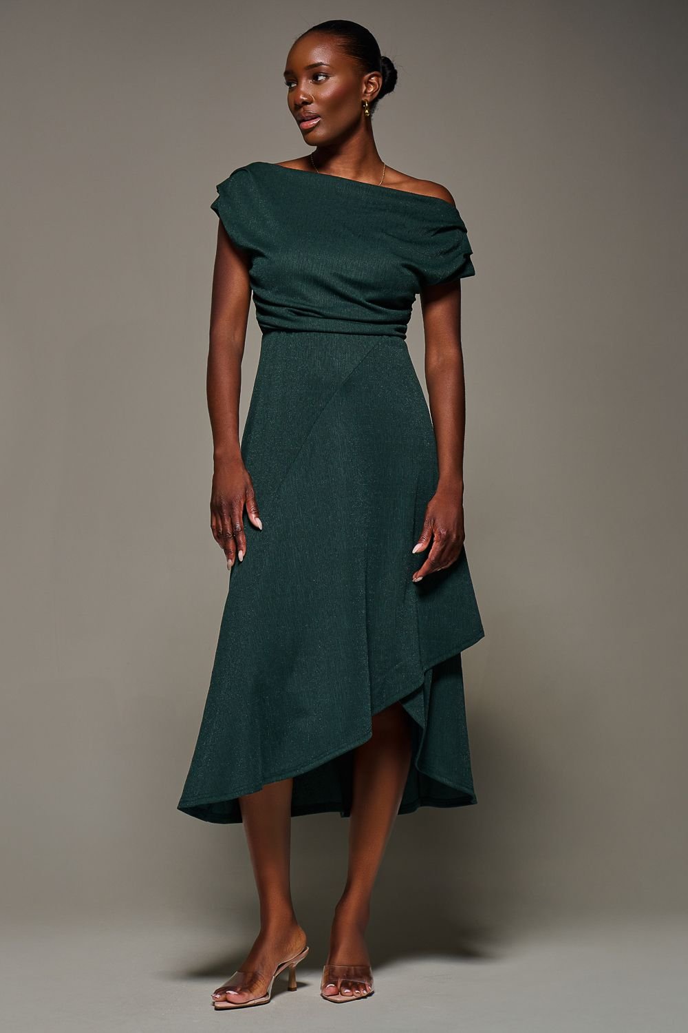 Jolie Moi Jolie Moi Women's Draped Jersey Cowl Neck Midi Dress in Dark Green - 3