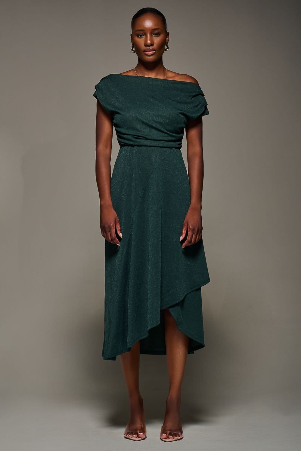 Jolie Moi Jolie Moi Women's Draped Jersey Cowl Neck Midi Dress in Dark Green - 4