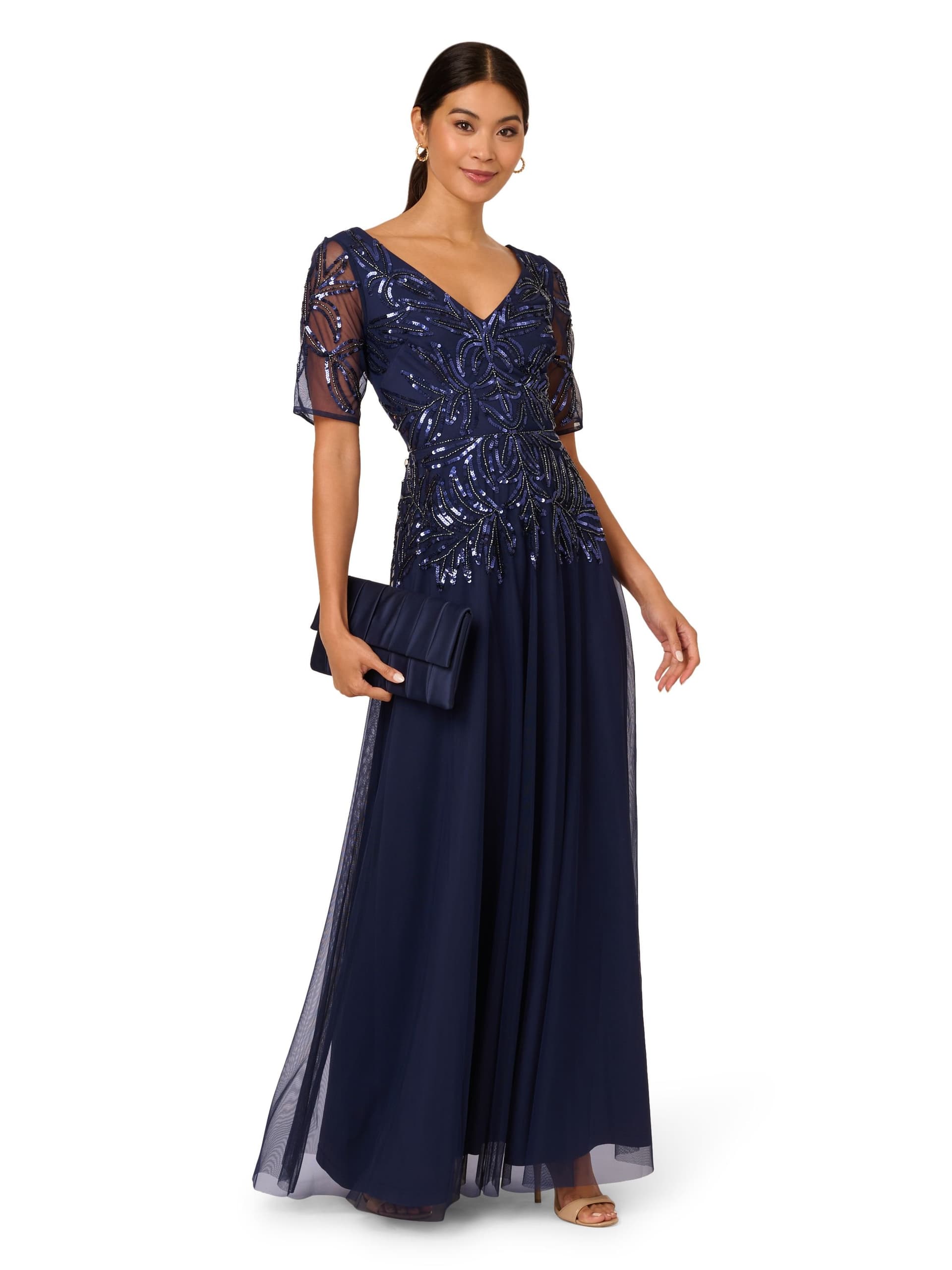 Papell Studio Papell Studio Women's Beaded Mesh Long Dress in Navy