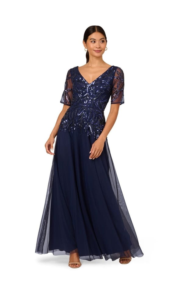 Papell Studio Papell Studio Women's Beaded Mesh Long Dress in Navy - 2