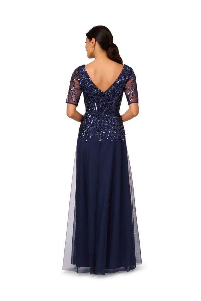 Papell Studio Papell Studio Women's Beaded Mesh Long Dress in Navy - 3