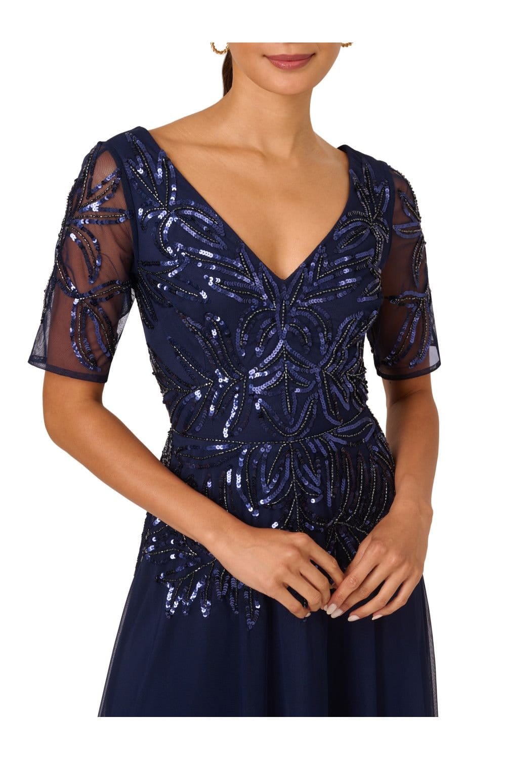Papell Studio Papell Studio Women's Beaded Mesh Long Dress in Navy - 4
