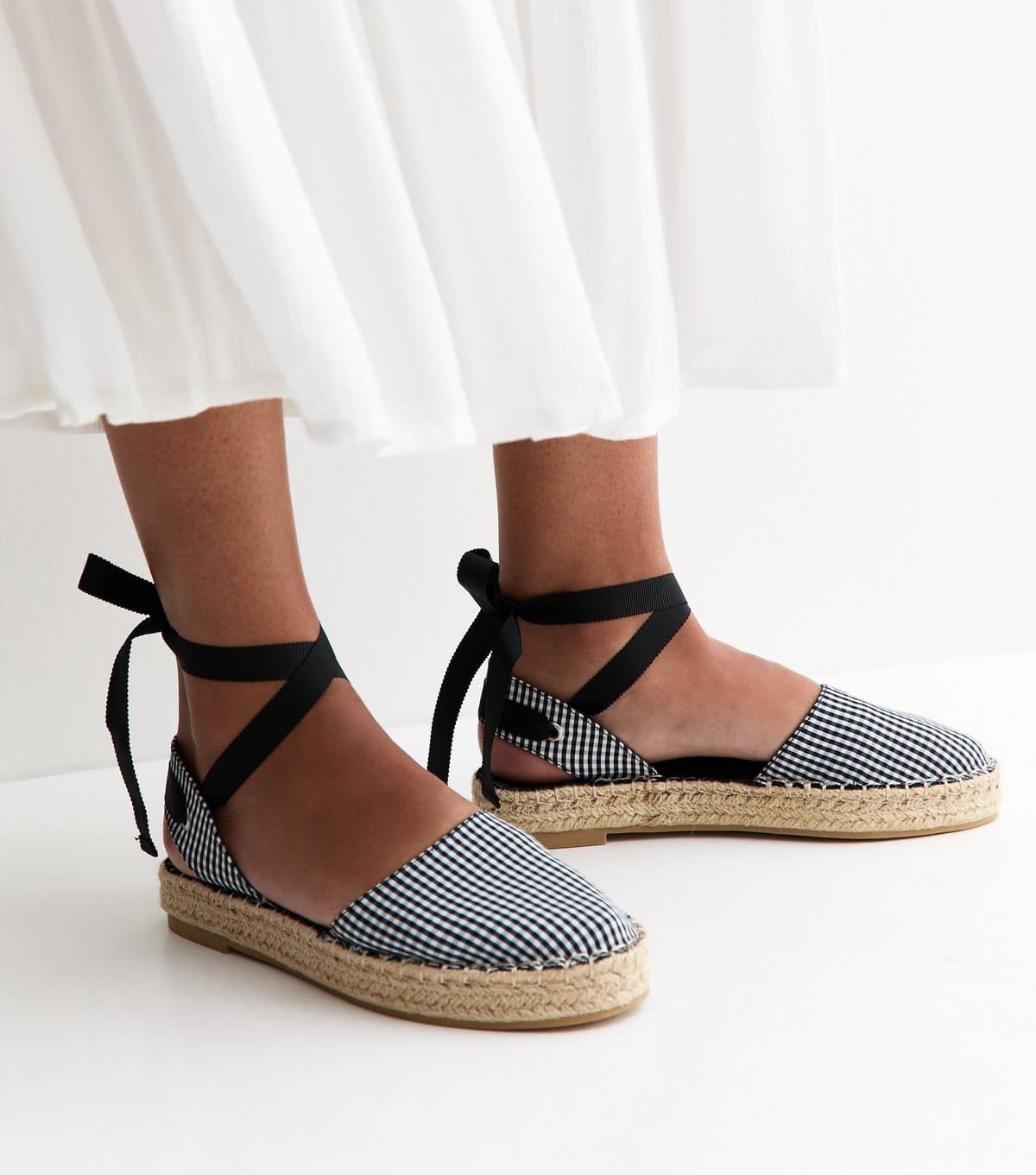 New Look Women's Black Gingham Toe Tie Ankle Espadrilles Vegan New Look