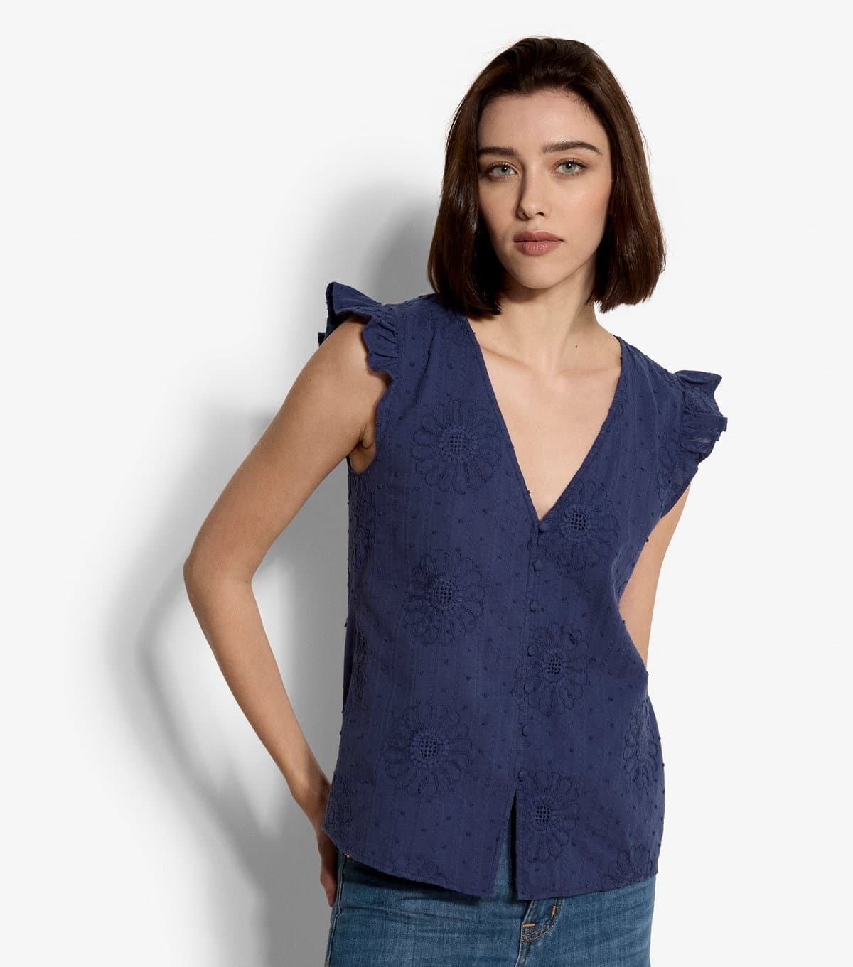 Apricot Women's Dark Purple Cotton Embroidered Daisy Button Up Top Apricot New Look