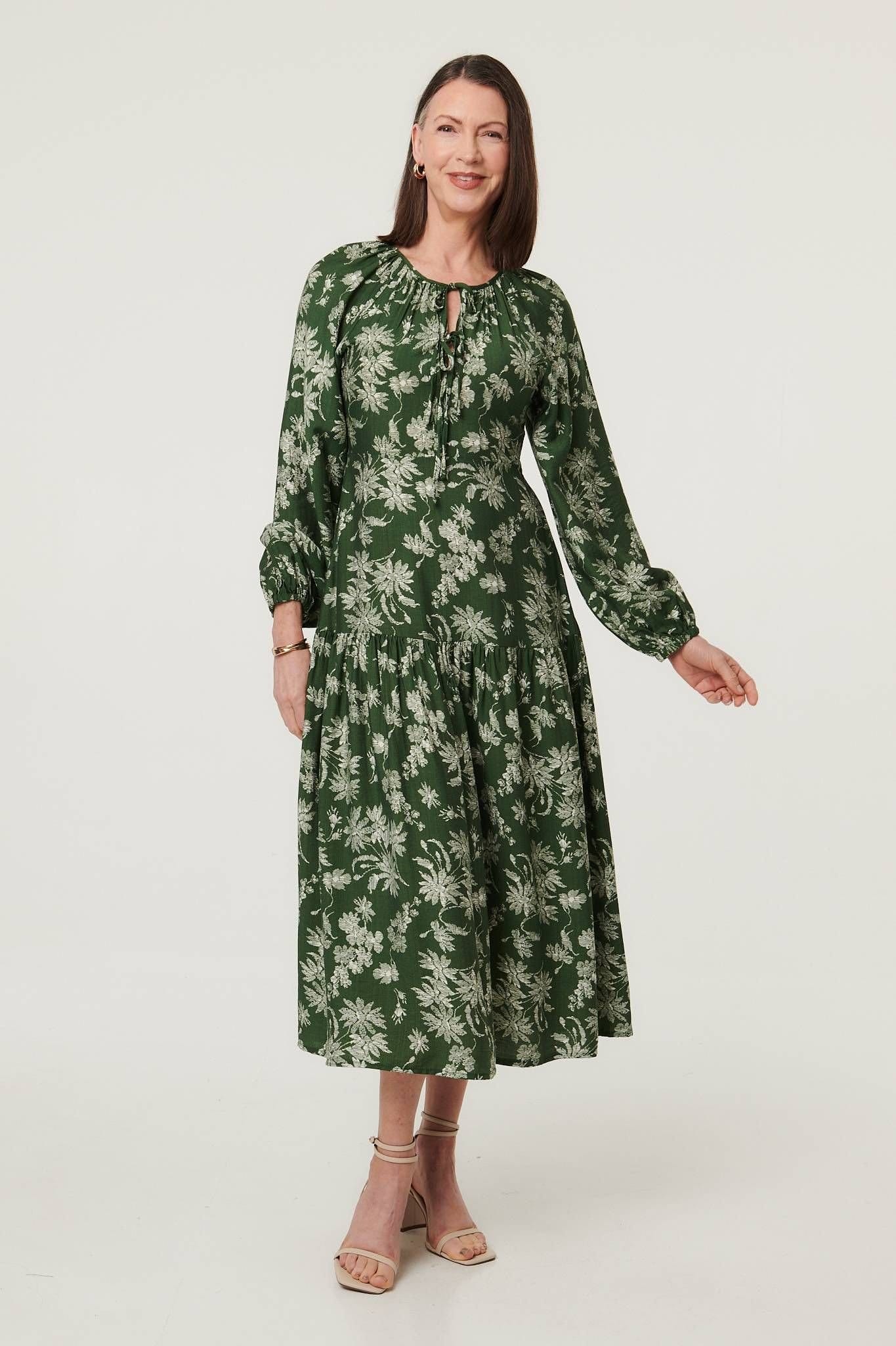 Izabel London Izabel London Women's Floral Long Sleeve Tie Neck Maxi Dress in Green - 4