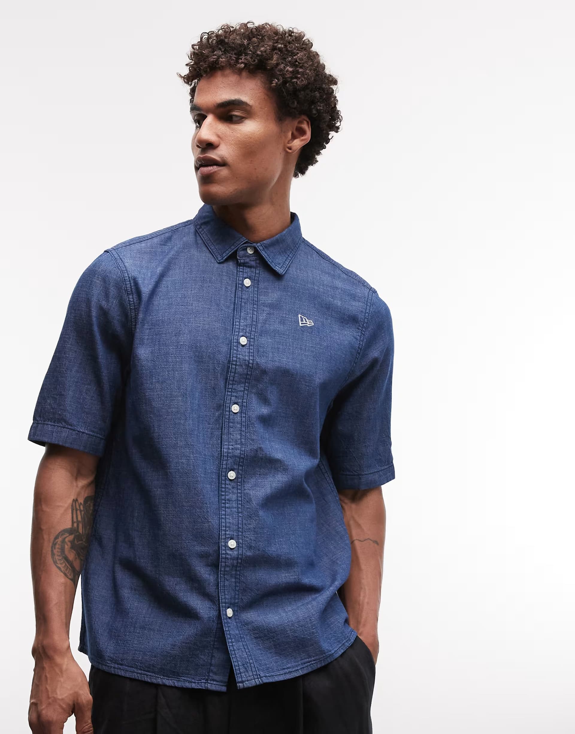 ASOS New Era logo short sleeve denim shirt in blue