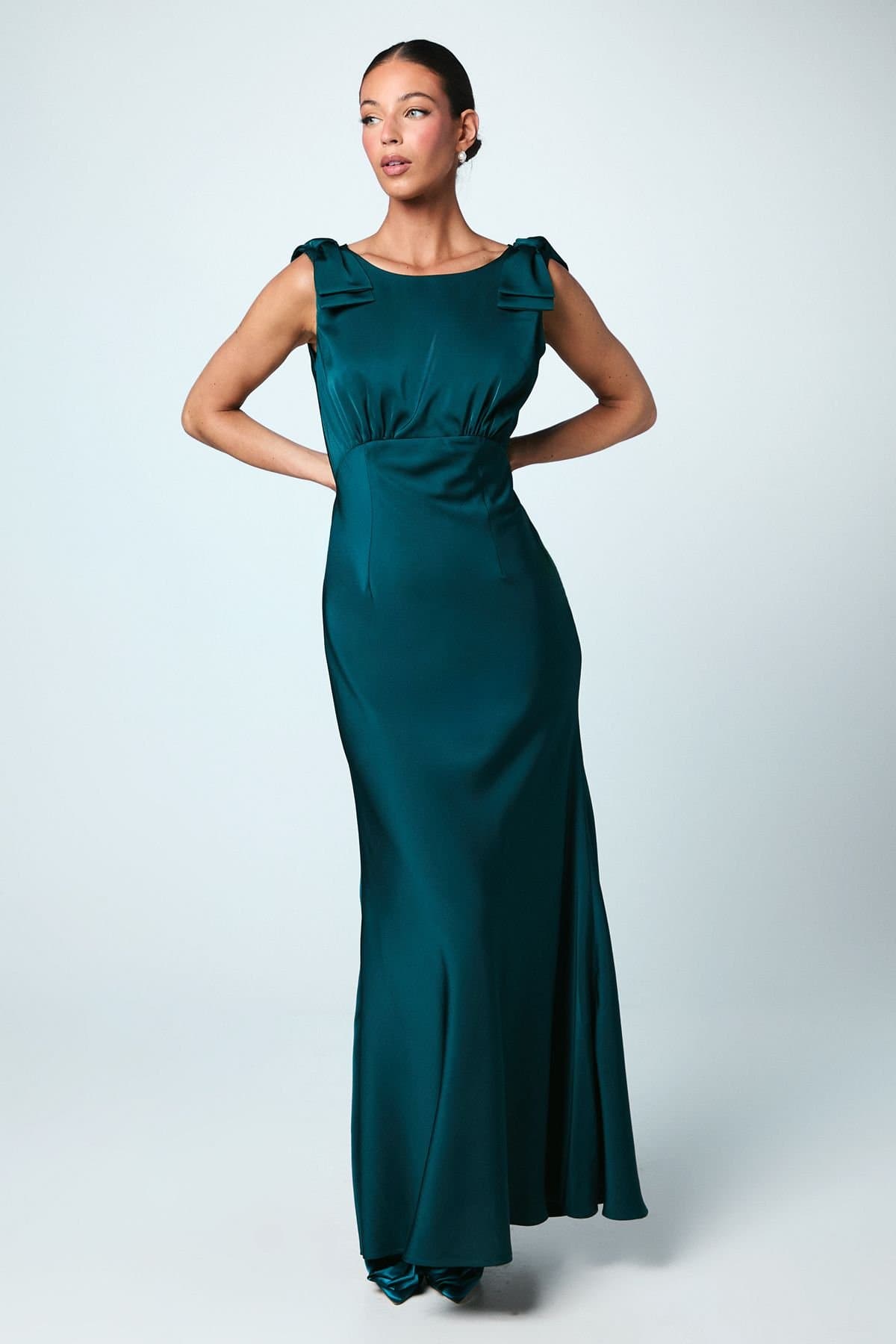 Coast Coast Women's Bow Shoulder Cowl Satin Maxi Bridesmaid Dress in Emerald