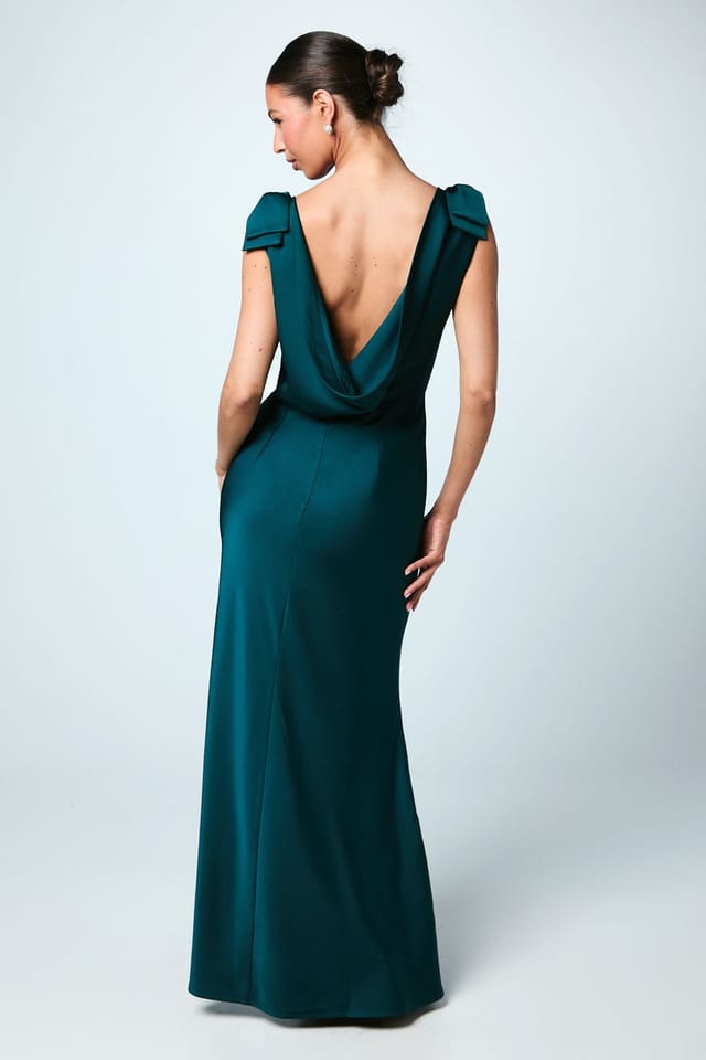 Coast Coast Women's Bow Shoulder Cowl Satin Maxi Bridesmaid Dress in Emerald - 3