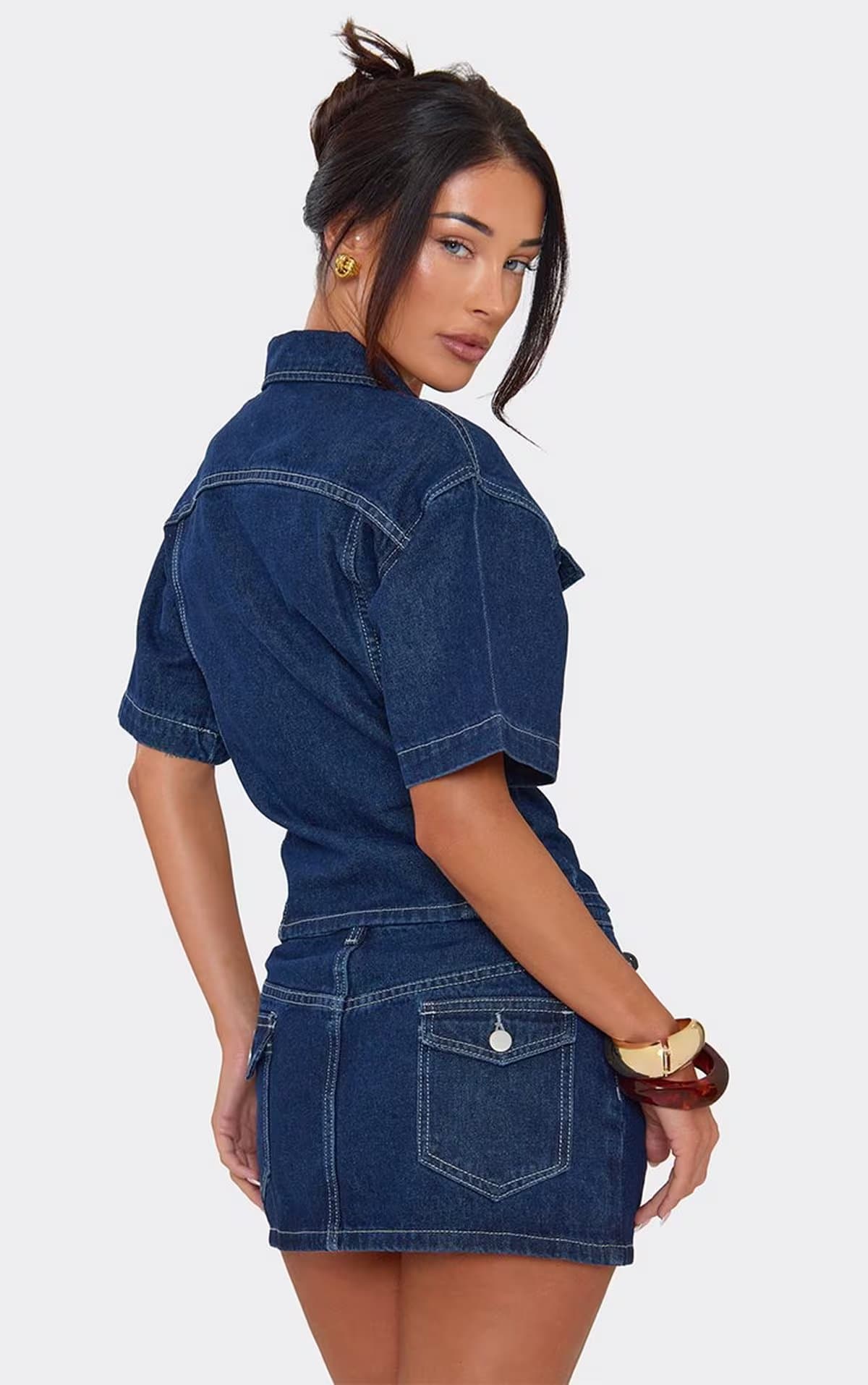 EGO Short Sleeve Cinched Waist Zip Front Top In Indigo Blue Denim, Women's Size UK 6