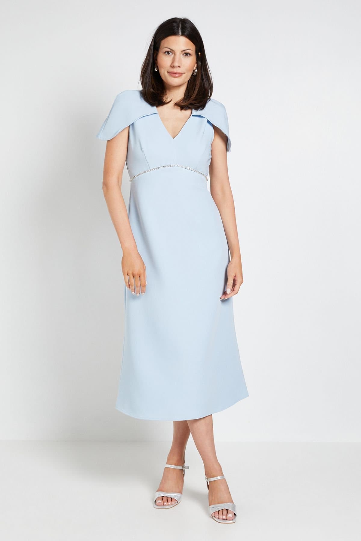 Wallis Wallis Women's Diamante Trim Cape Midi Dress in Pale Blue