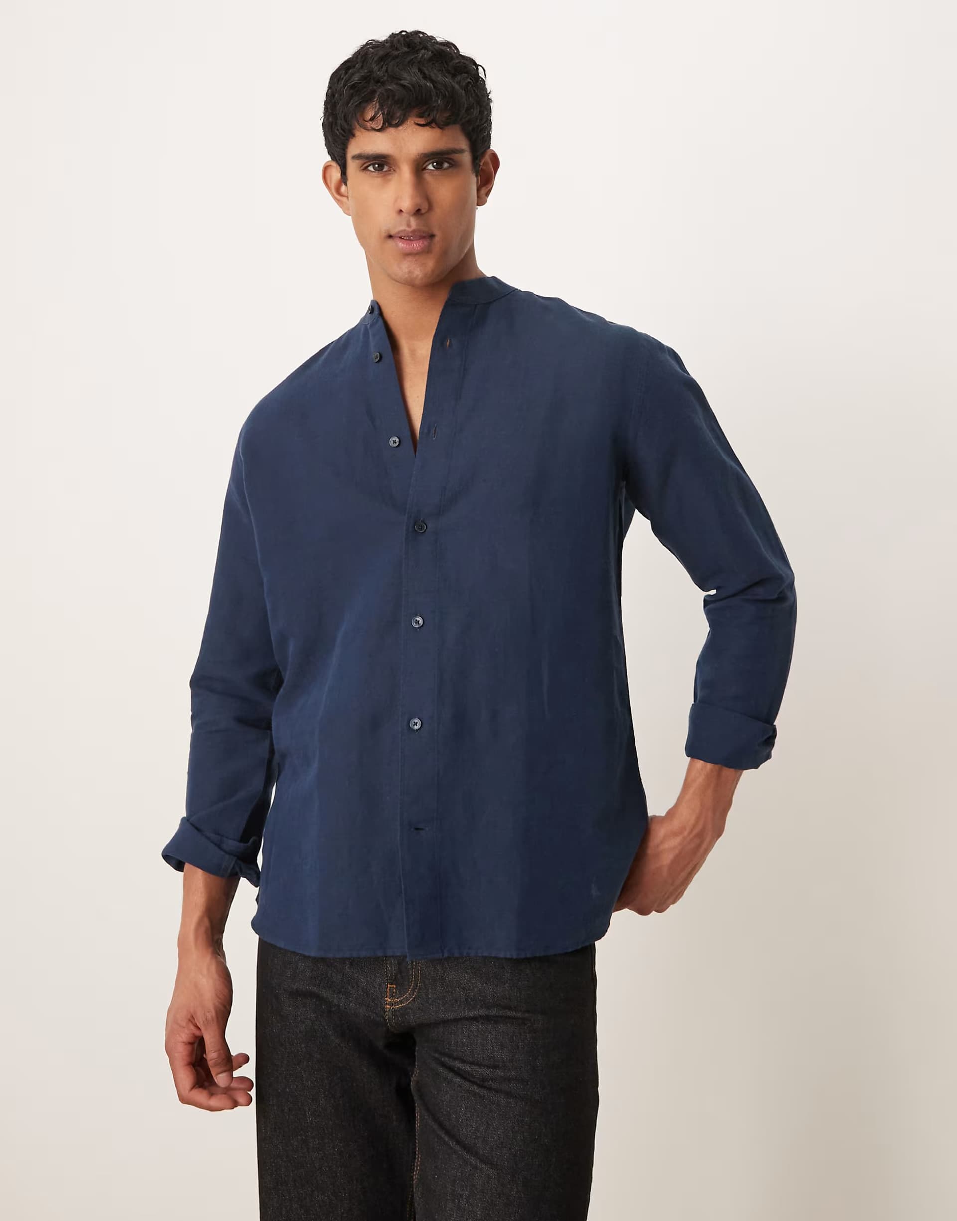 ASOS Mango grandad collar linen longsleeve shirt in navy