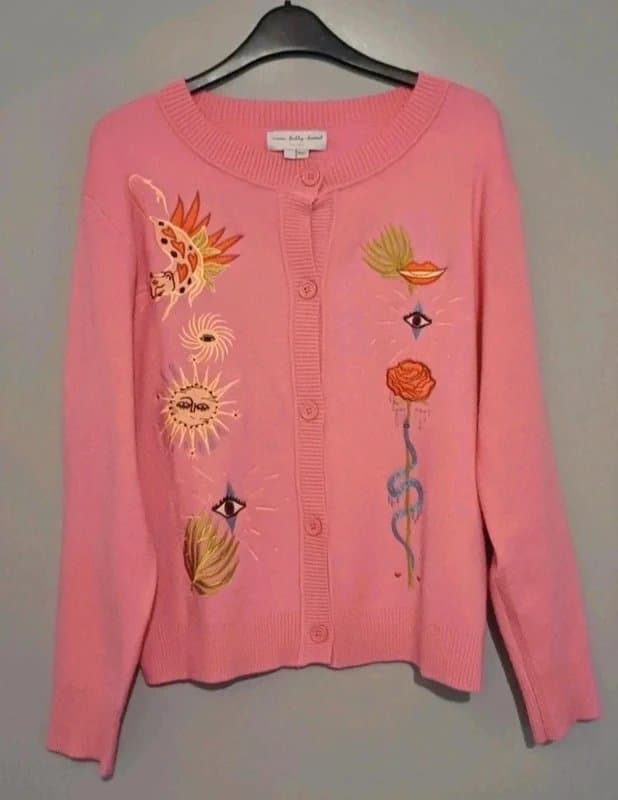 Never Fully Dressed Never Fully Dressed Pink Enchanted Icons Embroidered Cardigan - size L/14