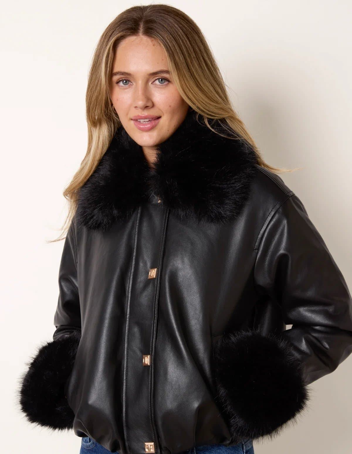 Blue Vanilla Faux Fur Collar & Cuff Cropped Jacket