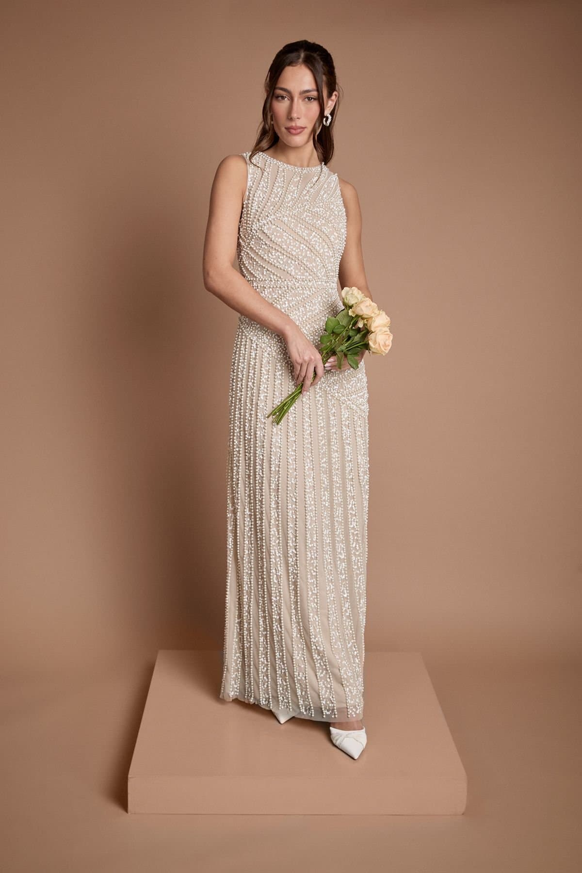 Coast Coast Women's Crew Neck Linear Beadwork Wedding Dress in Oyster