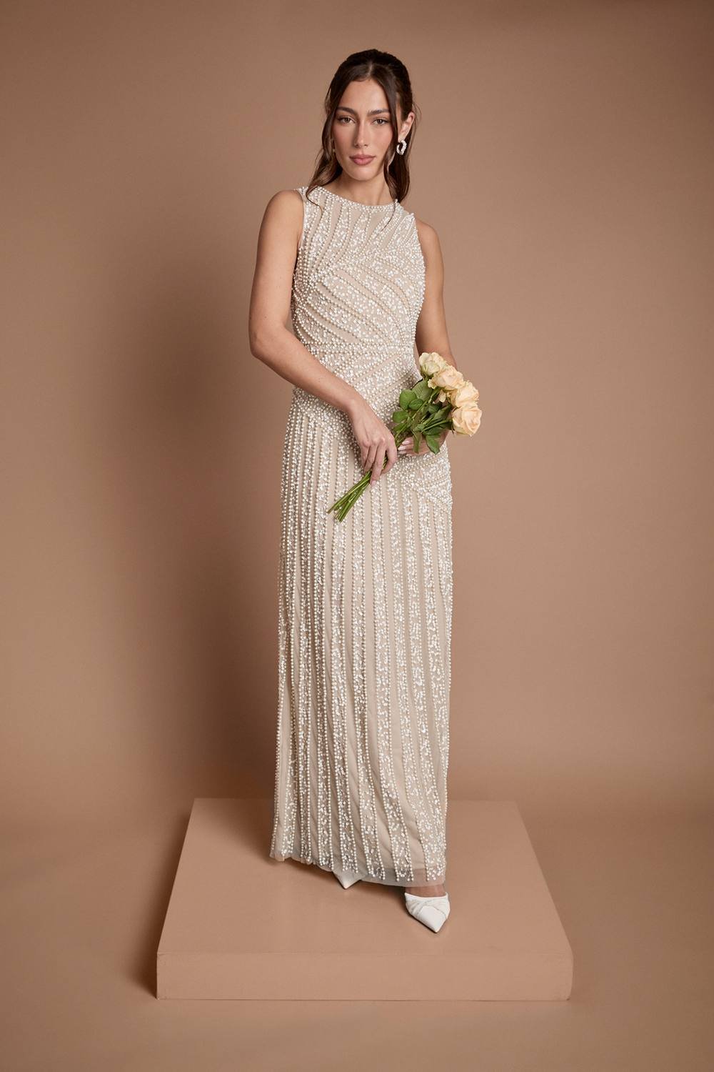 Coast Coast Women's Crew Neck Linear Beadwork Wedding Dress in Oyster - 2