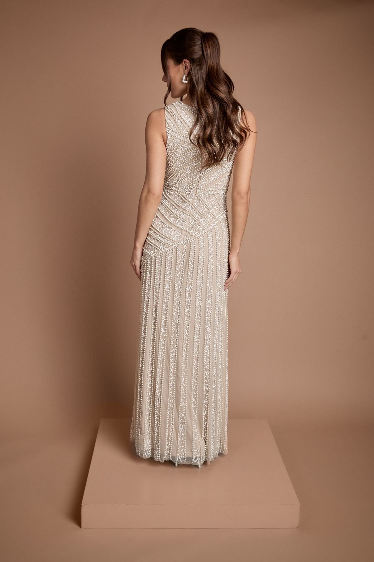 Coast Coast Women's Crew Neck Linear Beadwork Wedding Dress in Oyster - 3