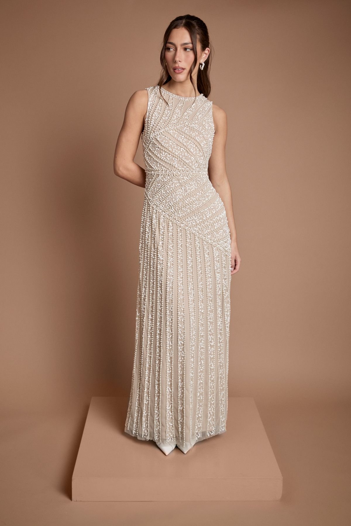 Coast Coast Women's Crew Neck Linear Beadwork Wedding Dress in Oyster - 4