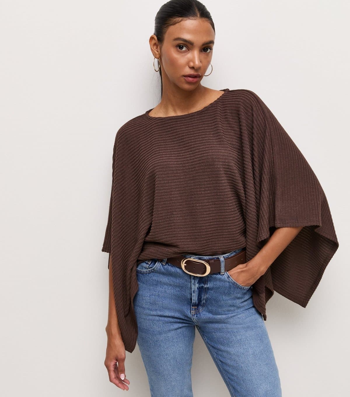New Look Women's Brown Soft Touch Ribbed Cape Top New Look
