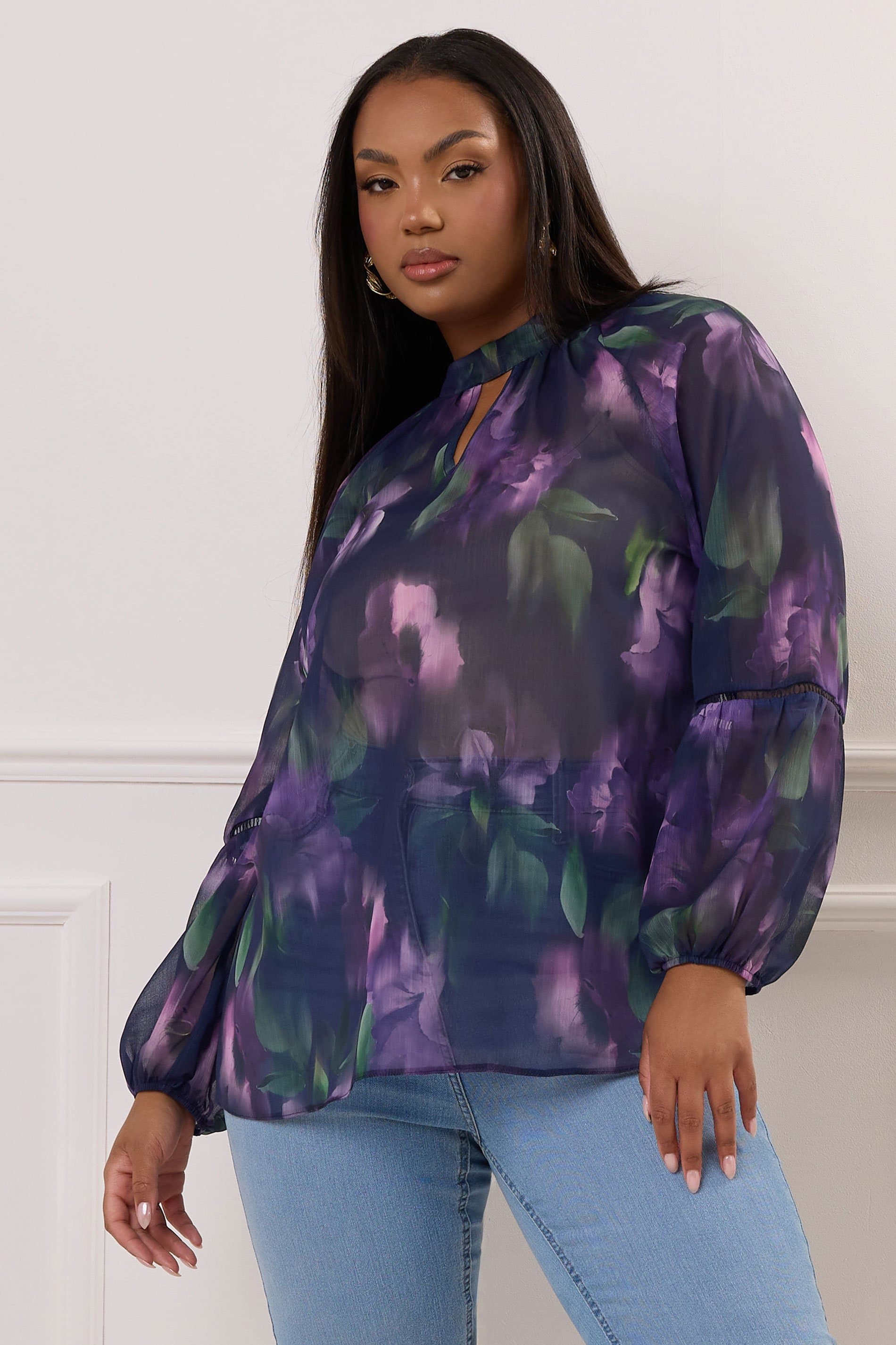 Yours London Plus Size Purple Floral Crochet Trim Blouse