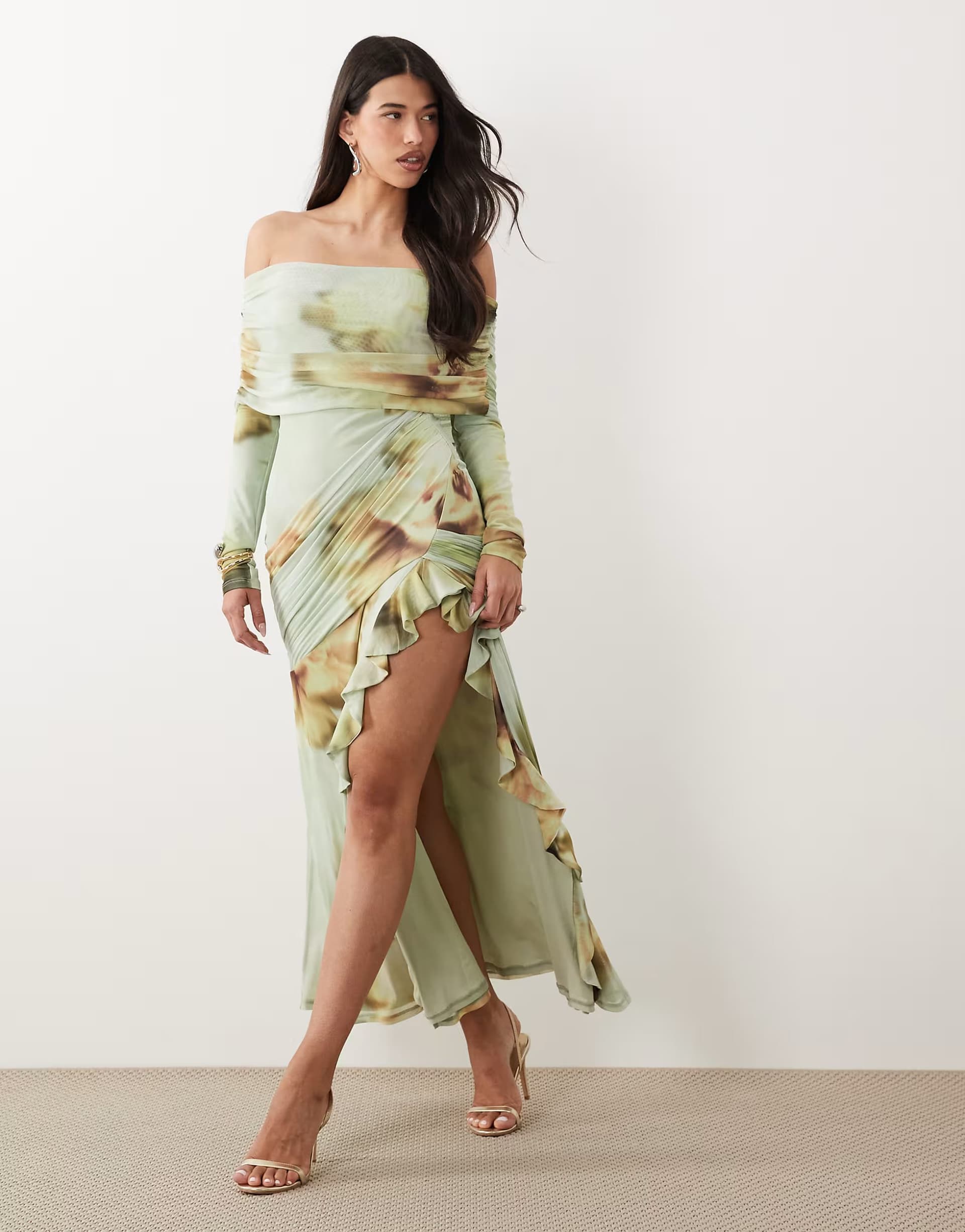 ASOS ASOS DESIGN mesh bardot maxi dress with drape and ruffle detail in floral print