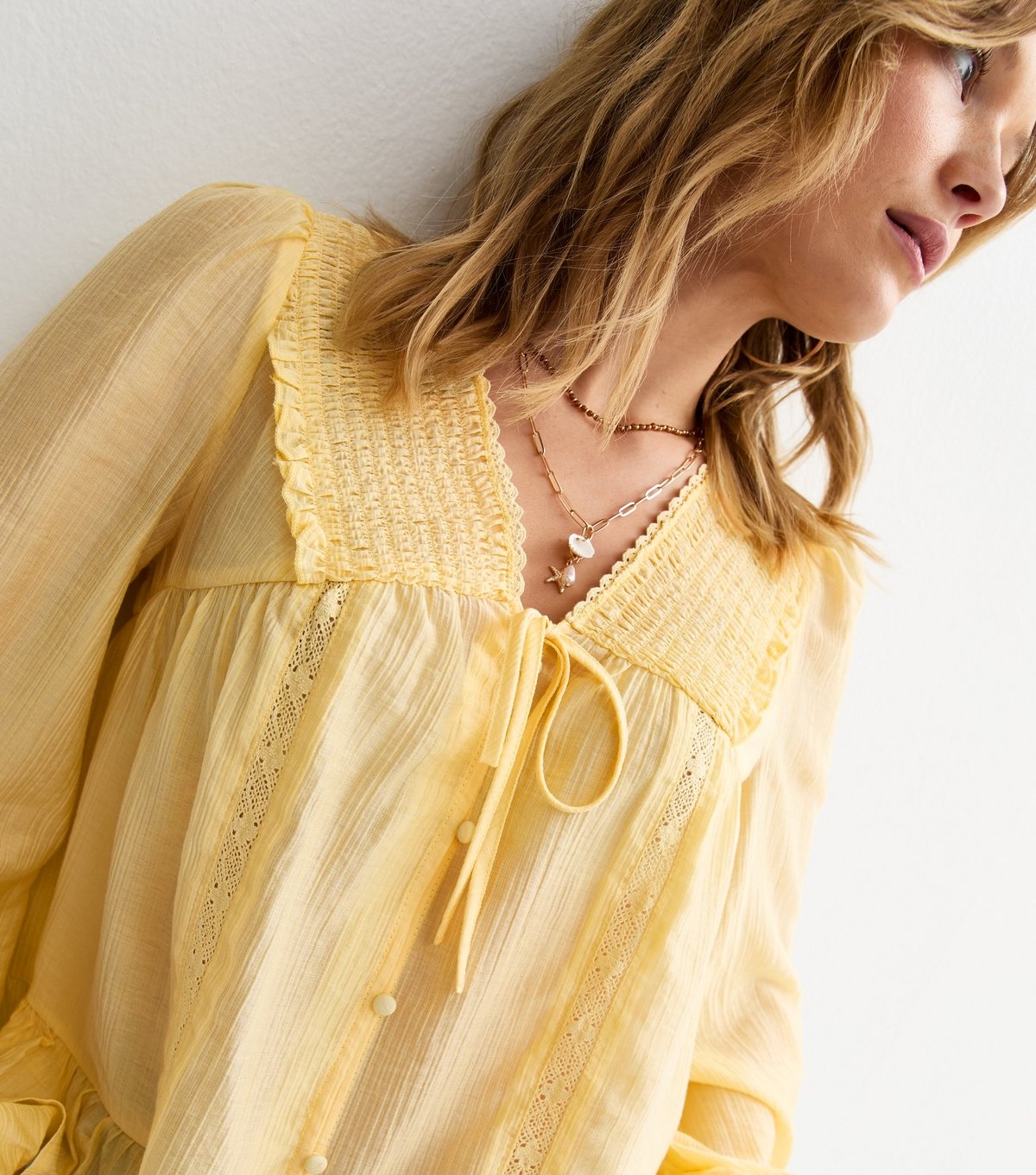 New Look Women's Light Yellow Lace Button Long Sleeve Blouse New Look - 3