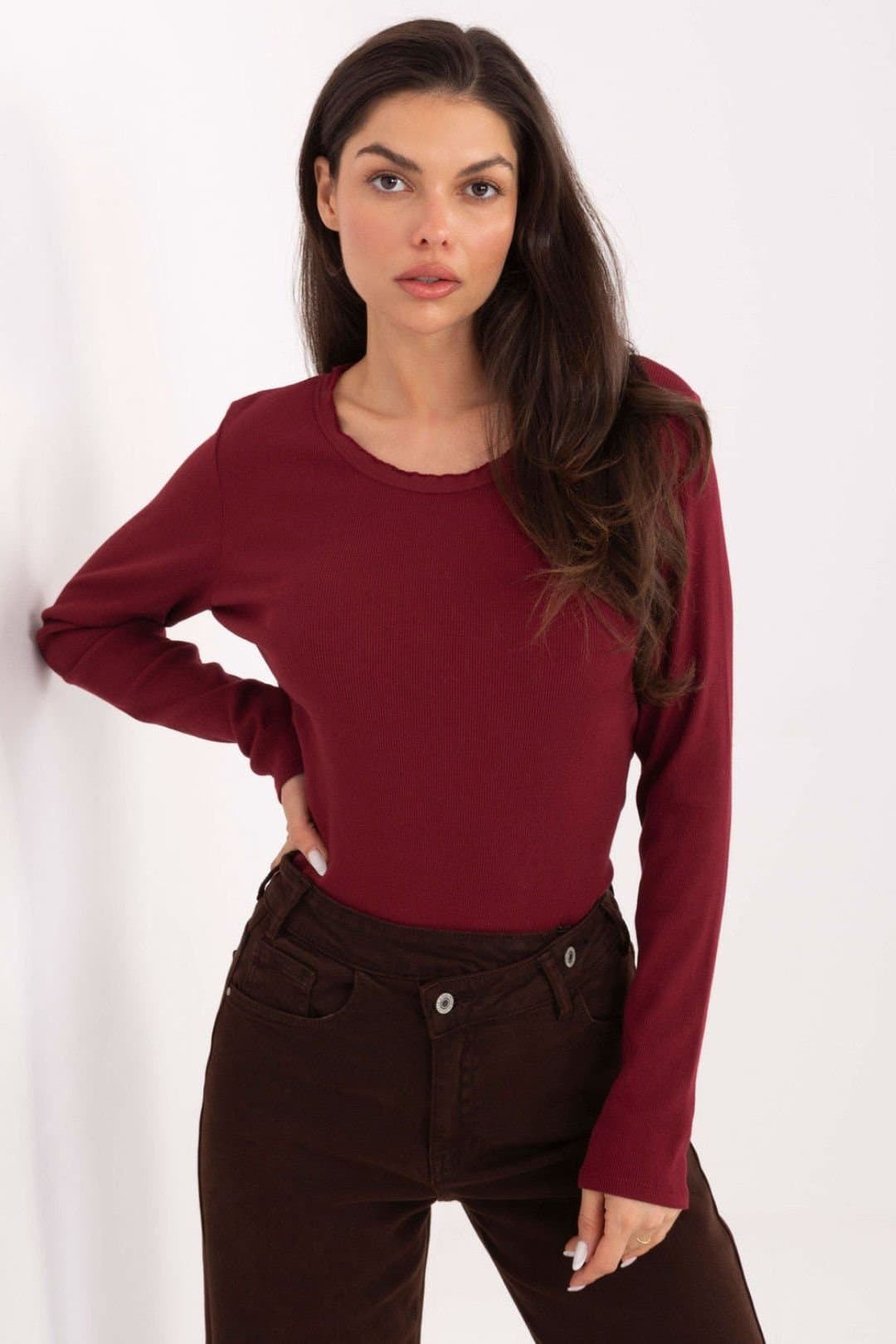 Love Lace Love Lace Women's Cotton Ribbed Long Sleeve Round Neck Top in Red