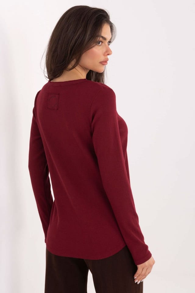 Love Lace Love Lace Women's Cotton Ribbed Long Sleeve Round Neck Top in Red - 3