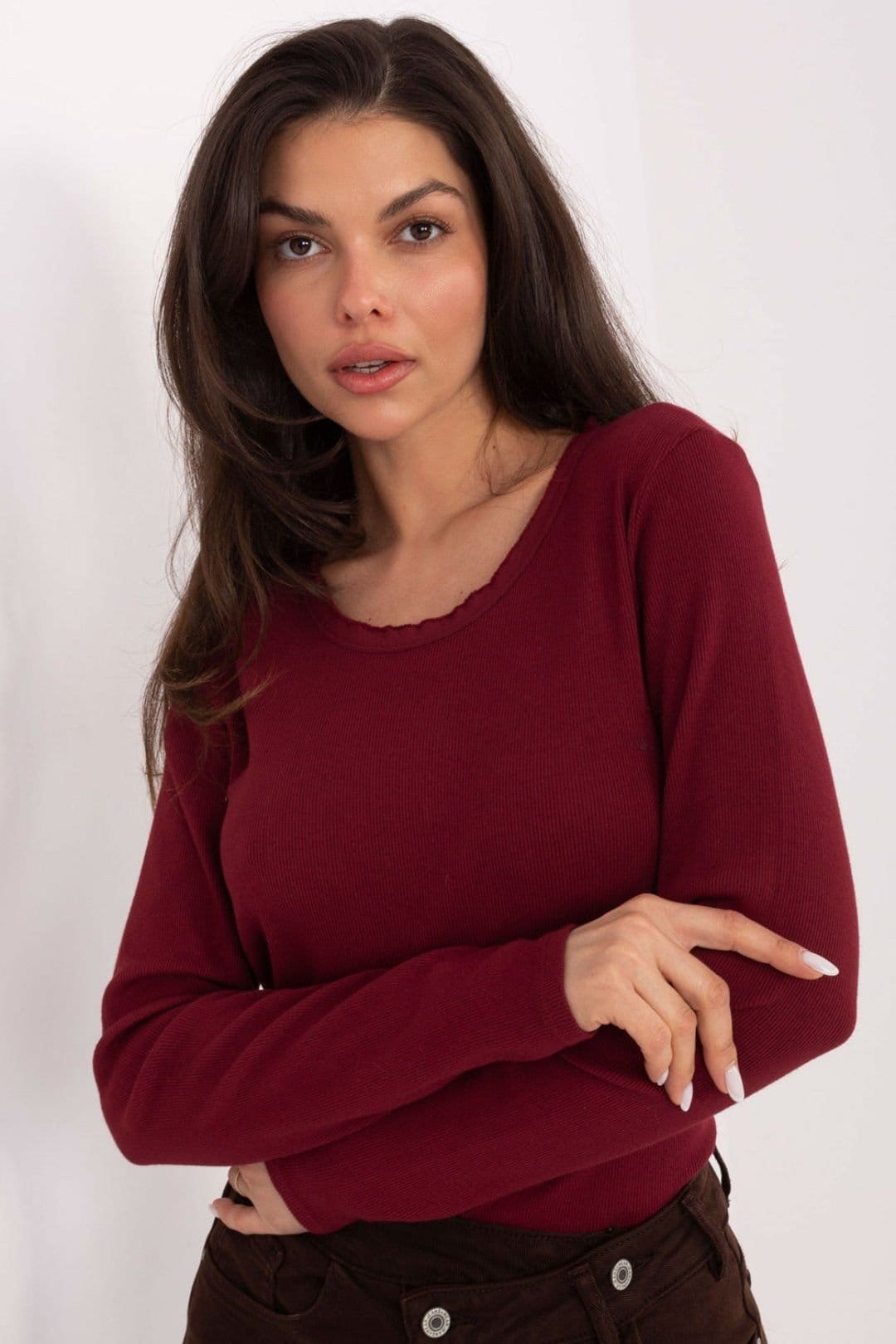 Love Lace Love Lace Women's Cotton Ribbed Long Sleeve Round Neck Top in Red - 4