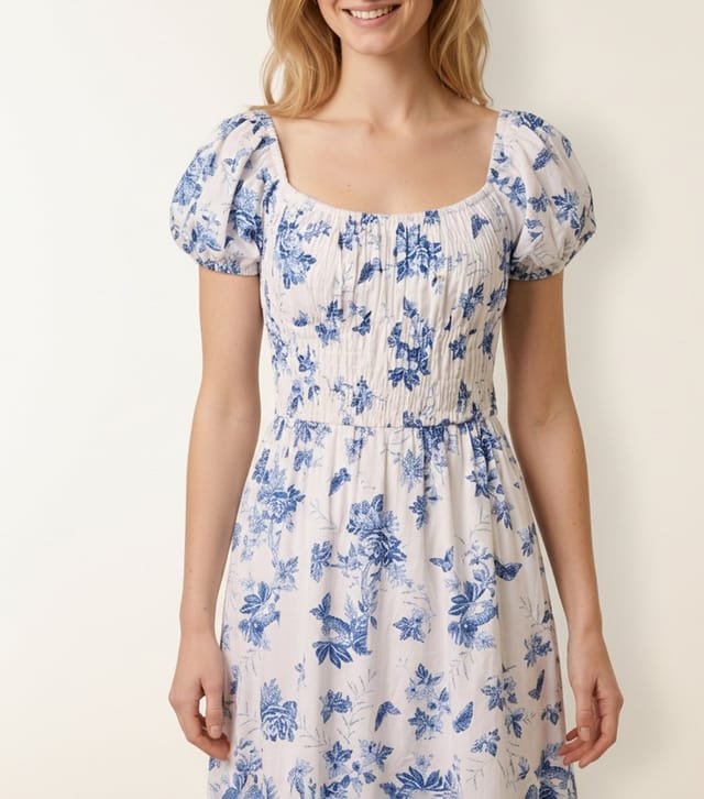 Blue Vanilla Women's Blue Cotton Floral Puff Sleeve Midi Dress Blue Vanilla New Look - 2