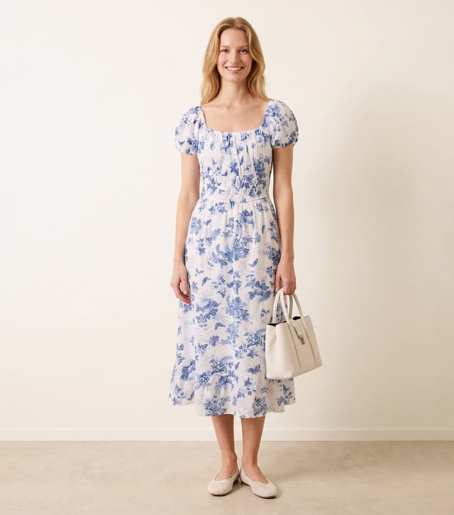 Blue Vanilla Women's Blue Cotton Floral Puff Sleeve Midi Dress Blue Vanilla New Look - 3