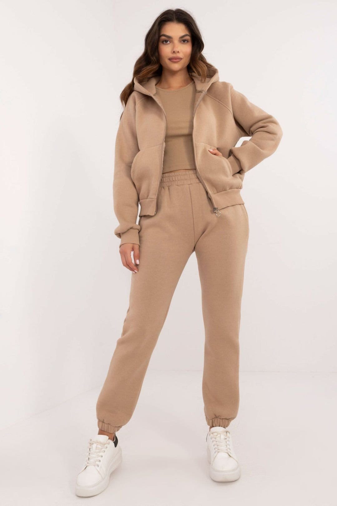 Love Lace Beige Cotton Elastane Zip Hoodie Sweatshirt Set