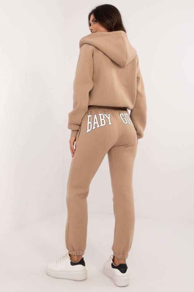 Love Lace Love Lace Women's Cotton Elastane Melange Zip Hoodie Sweatshirt Set in Beige - 3