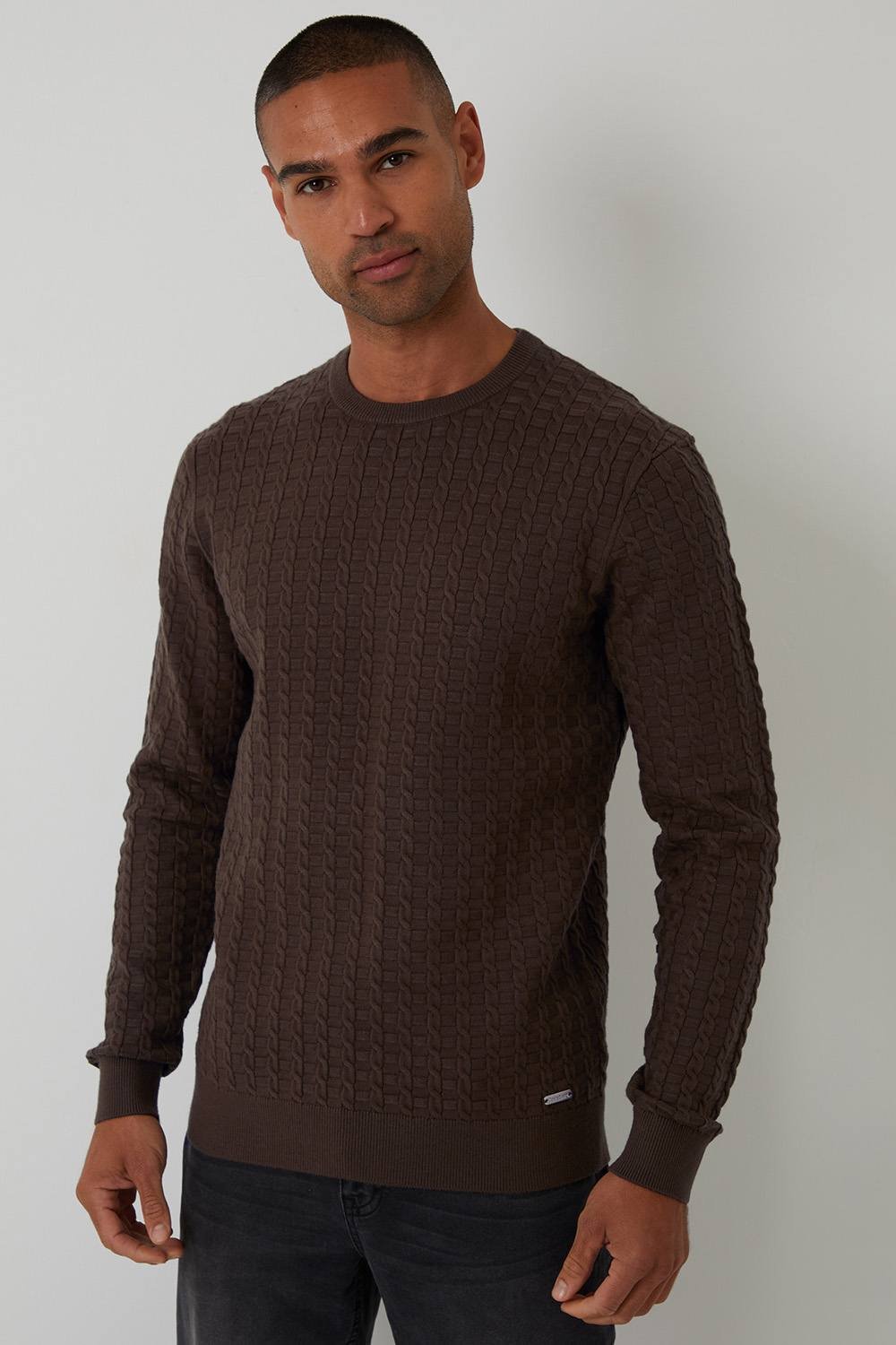 Threadbare Threadbare Men's Cable Knit Crew Neck Jumper in Brown - 2