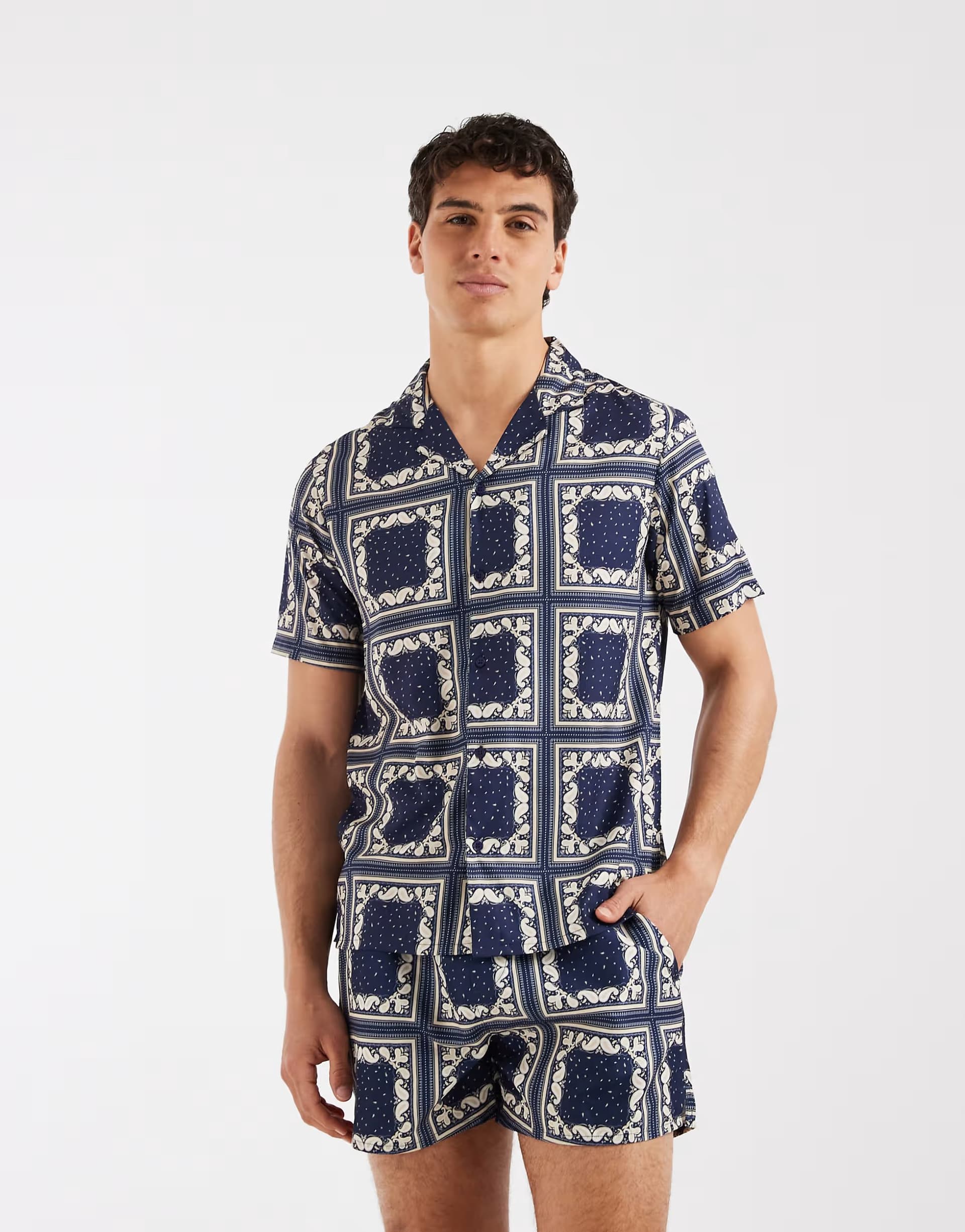 ASOS Aray bandana print revere shirt co-ord in navy