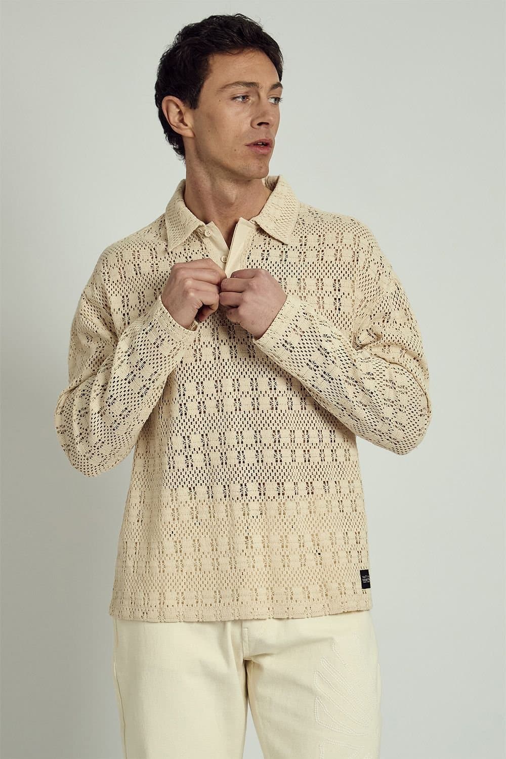 Native Youth Native Youth Men's Long Sleeve Crochet Knit Polo Shirt in Cream