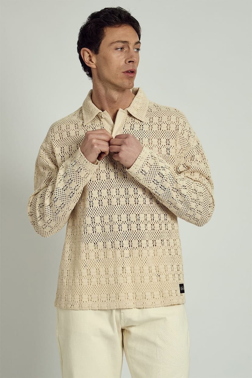 Native Youth Native Youth Men's Long Sleeve Crochet Knit Polo Shirt in Cream - 1